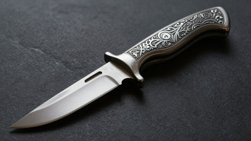 Close-up of a custom knife with detailed handle.