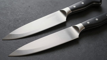 Forged vs. stamped kitchen knives side-by-side.