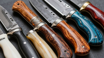 Luxury knife handles with diverse materials and textures.
