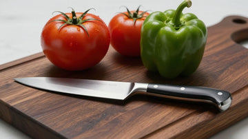 Luxury chef's knife with fresh vegetables on cutting board.