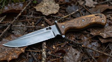 Close-up of a survival knife in a natural outdoor setting.