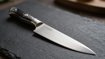 Gleaming high-end chef's knife with detailed handle.