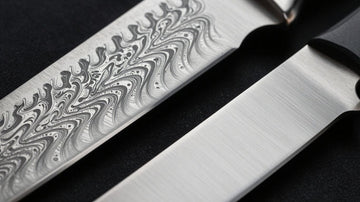 Damascus and stainless steel knives side-by-side.