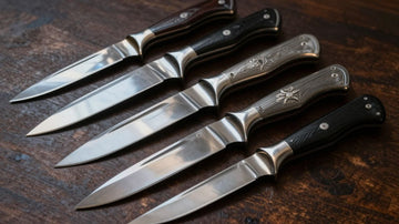 Collectible knives displayed on a wooden surface.