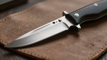 Close-up of a hunting knife with a polished steel blade.