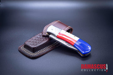 Red White & Blue Damascus Folding Knife