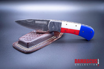Red White & Blue Damascus Folding Knife